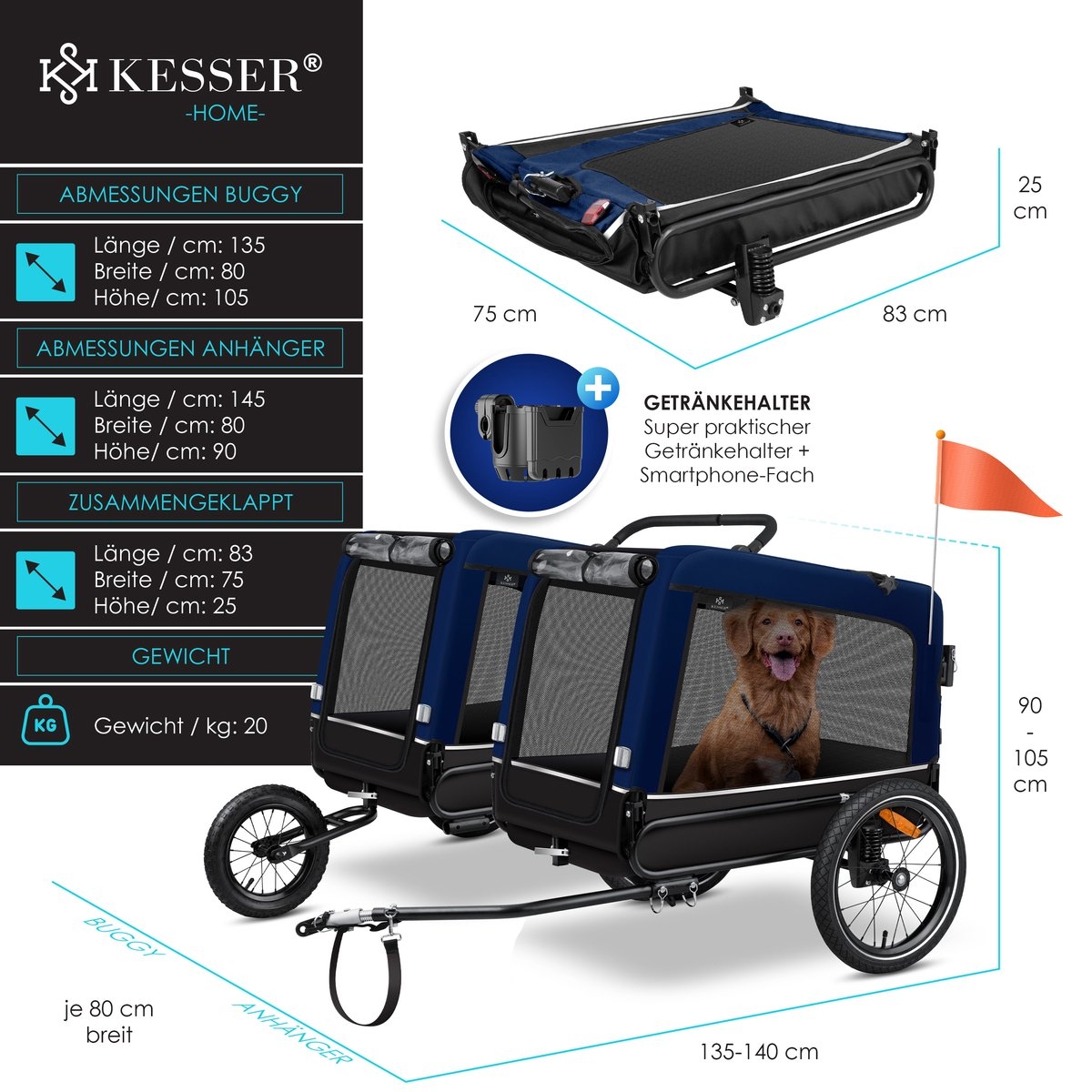 Hondenfietskar met jogger functie - hondenaanhanger - tot 40 kg - 3in1 - fietskar hond - blauw - Afbeelding 8