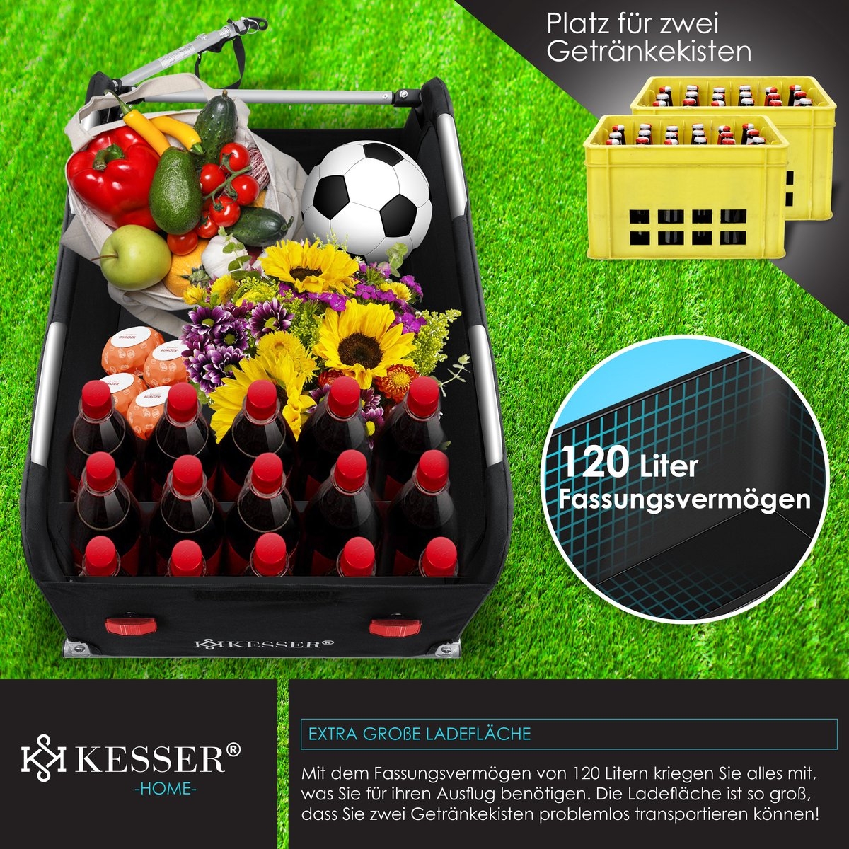 Fietskar - fietsaanhanger met koppeling - bagagefietskar - 120 Liter - Max. 40 kg - zwart / antraciet - Afbeelding 2