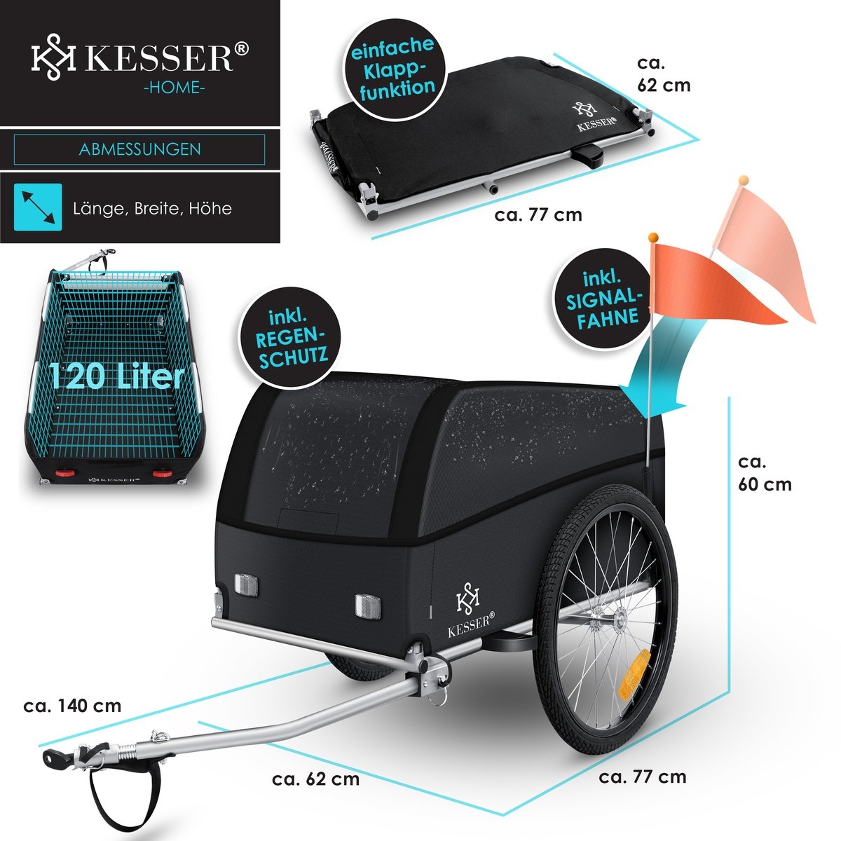 Fietskar - fietsaanhanger met koppeling - bagagefietskar - 120 Liter - Max. 40 kg - zwart / antraciet - Afbeelding 5