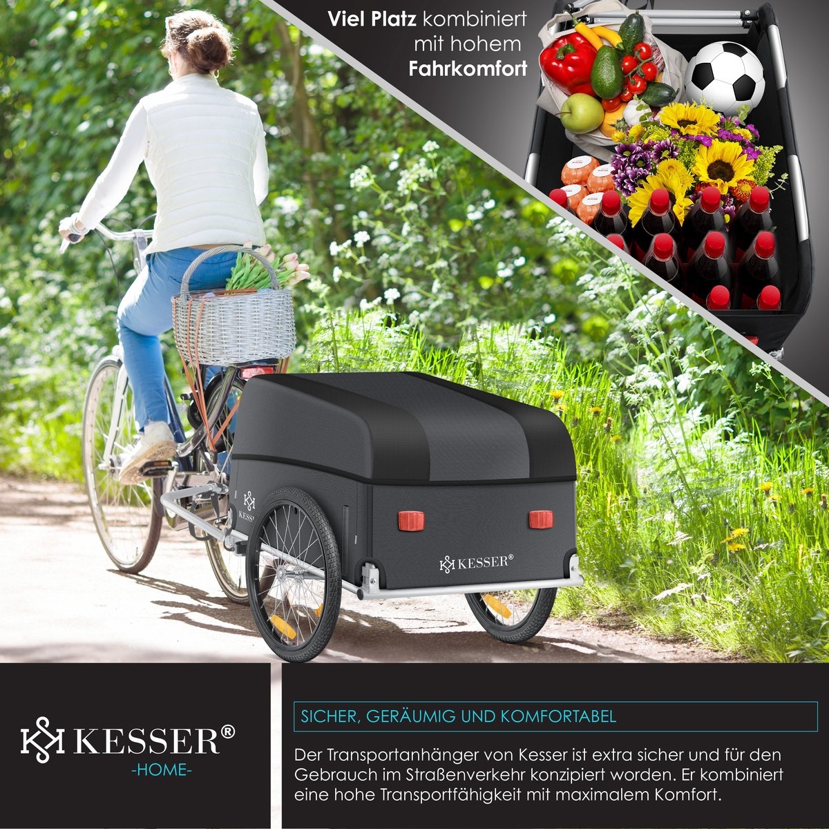 Fietskar - fietsaanhanger met koppeling - bagagefietskar - 120 Liter - Max. 40 kg - zwart / antraciet - Afbeelding 8