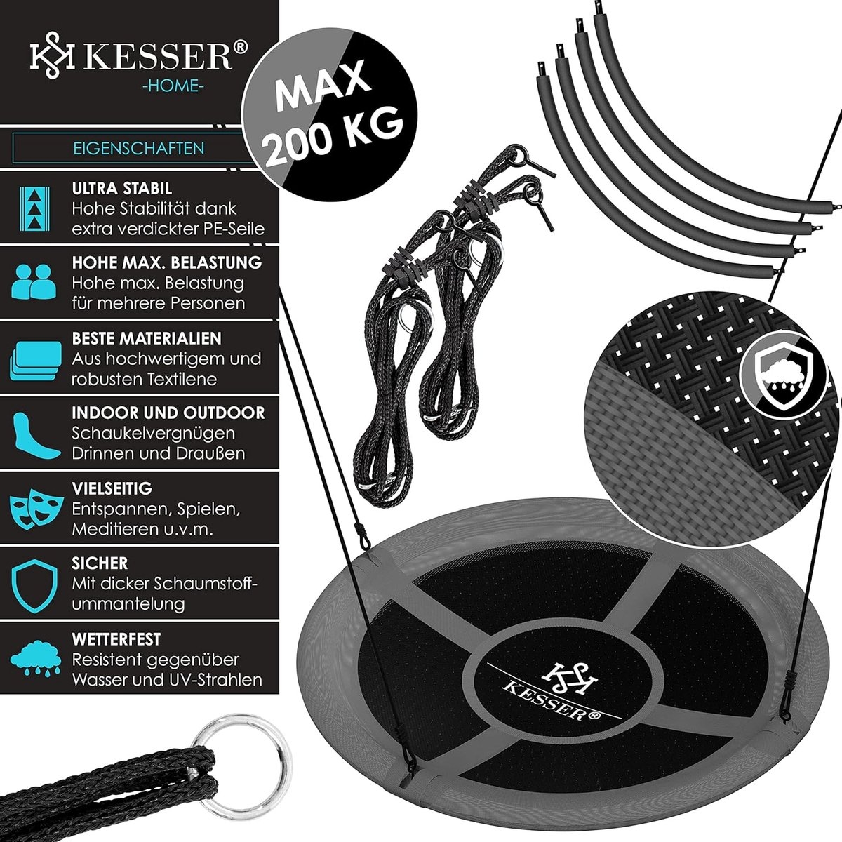 Nestschommel 120 cm - ronde schommel - max 300 kg - verstelbaar / tuinschommel / kinderschommel - Afbeelding 4