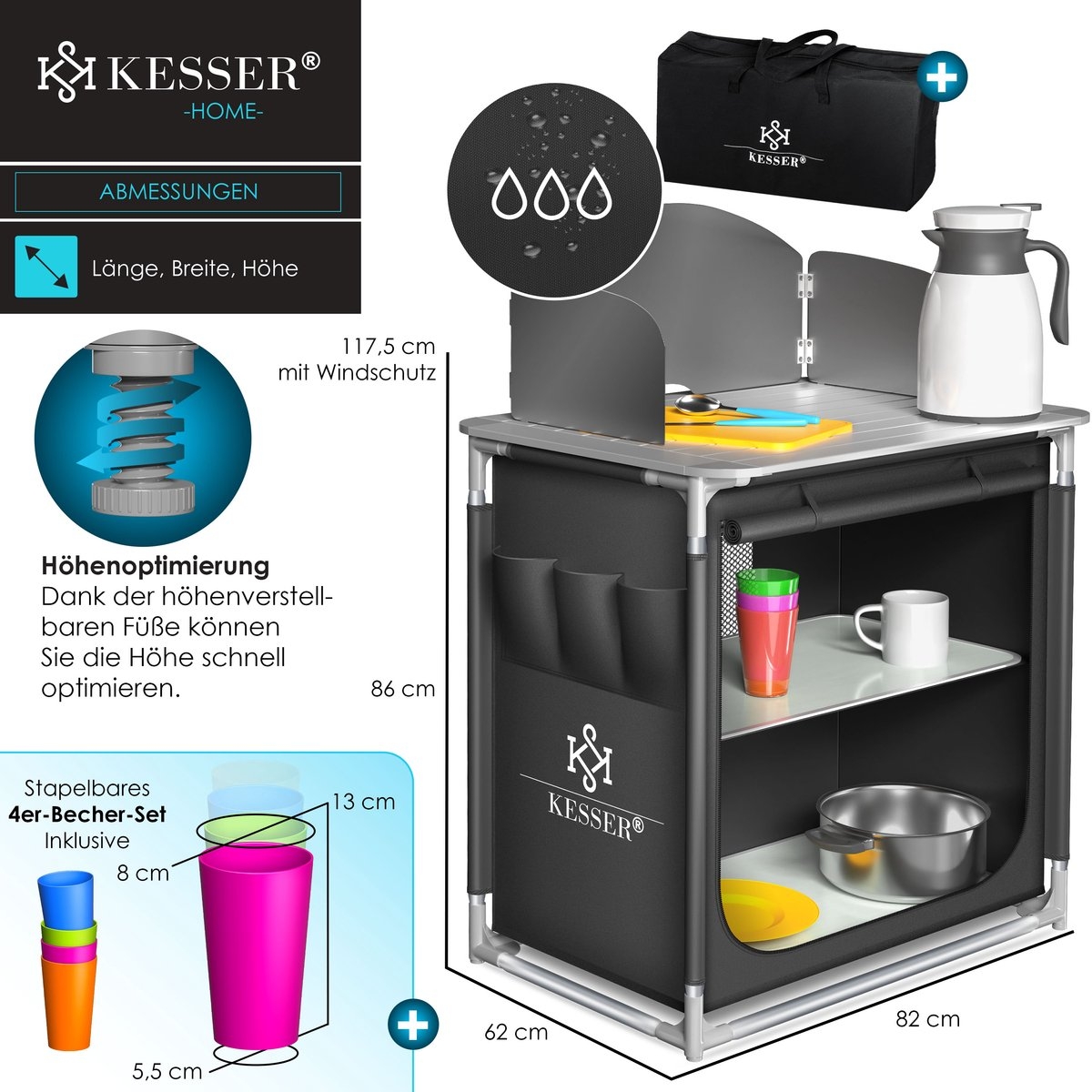 Campingkeuken Opvouwbaar - 82x62x117.5 cm - Campingkast inclusief Opbergtas - Kampeerkeuken Kampeerkast - Afbeelding 7