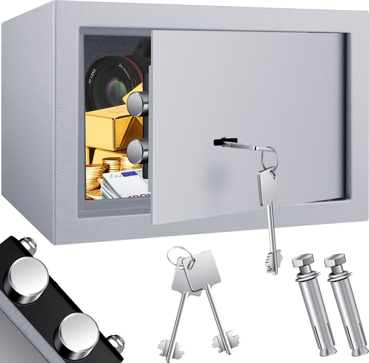 Kluis met sleutelslot - mechanische muurkluis - 30x20x20cm - 2 sleutels en bevestigingsschroeven - grijs