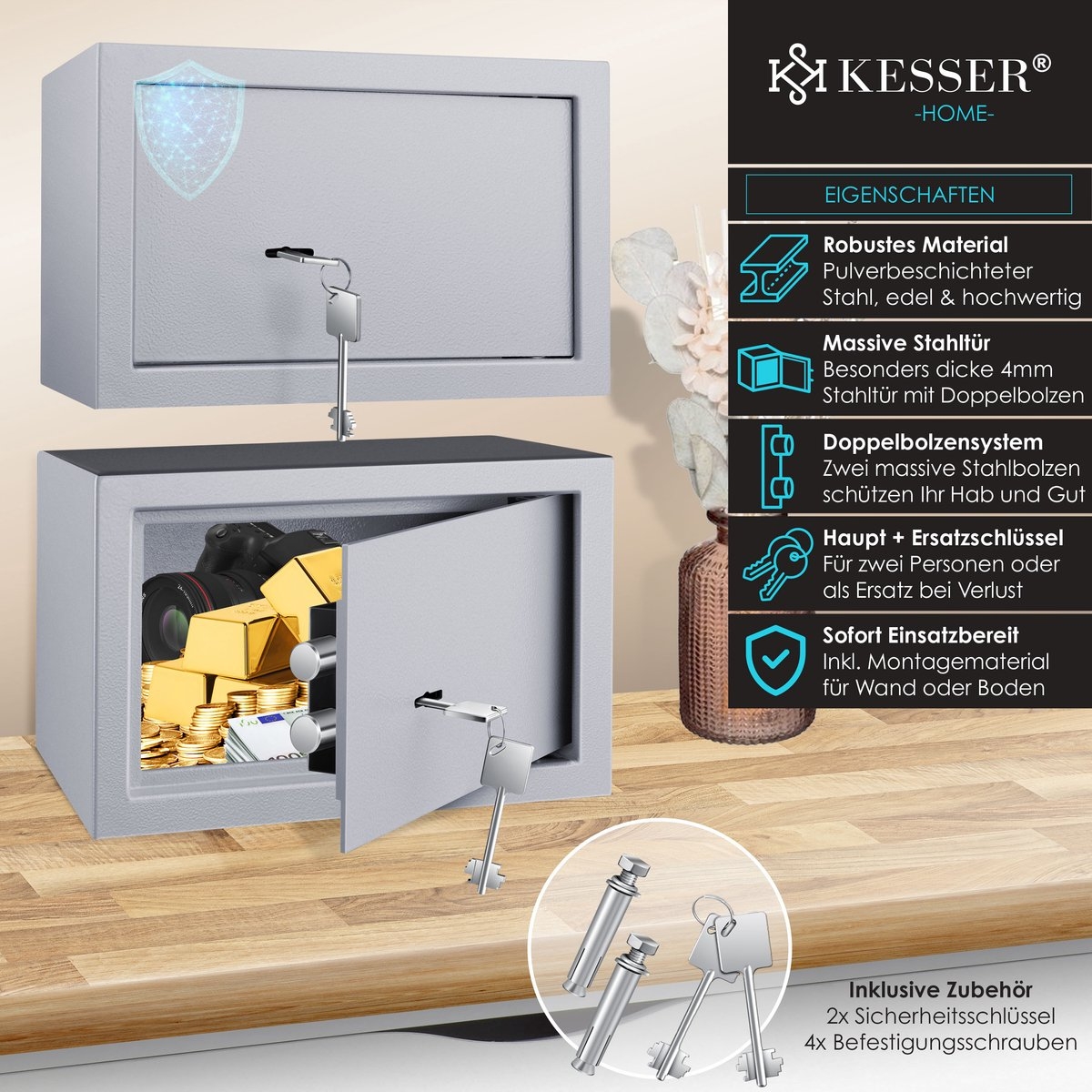 Kluis met sleutelslot - mechanische muurkluis - 30x20x20cm - 2 sleutels en bevestigingsschroeven - grijs - Afbeelding 2