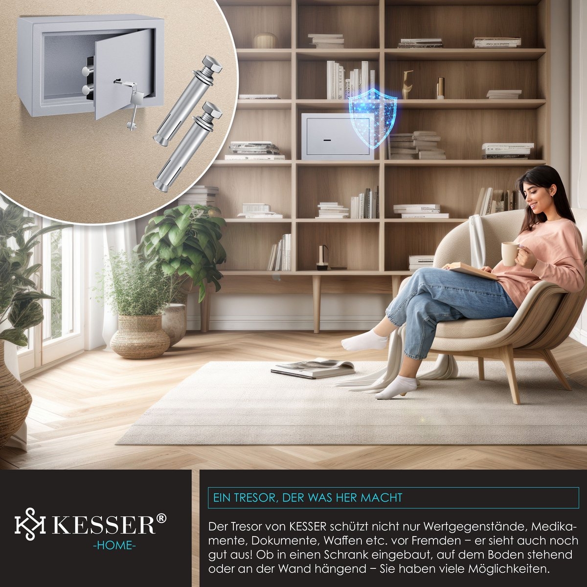 Kluis met sleutelslot - mechanische muurkluis - 30x20x20cm - 2 sleutels en bevestigingsschroeven - grijs - Afbeelding 3