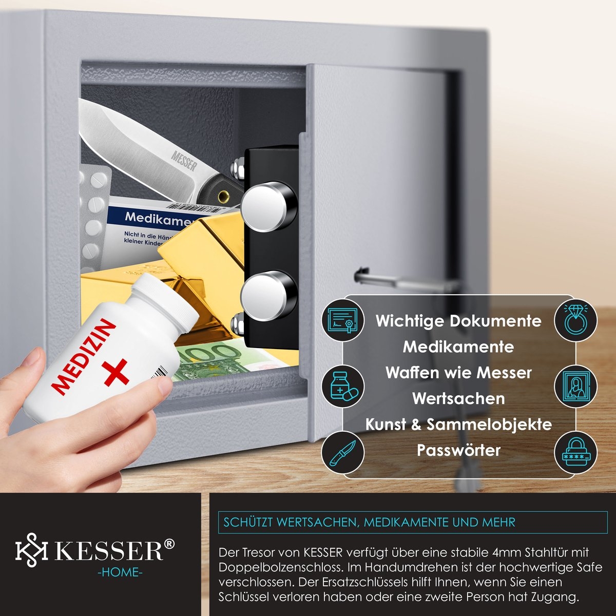 Kluis met sleutelslot - mechanische muurkluis - 30x20x20cm - 2 sleutels en bevestigingsschroeven - grijs - Afbeelding 4