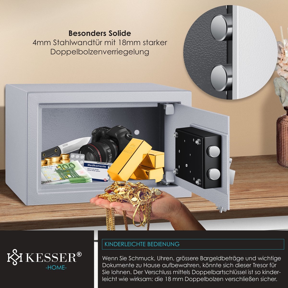 Kluis met sleutelslot - mechanische muurkluis - 30x20x20cm - 2 sleutels en bevestigingsschroeven - grijs - Afbeelding 5