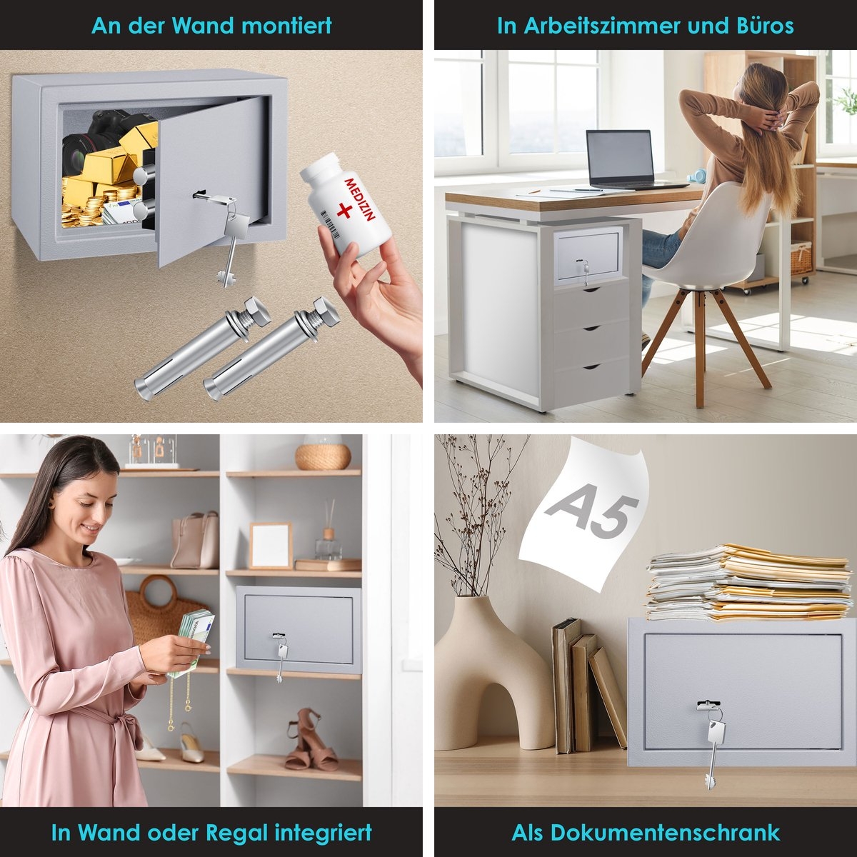 Kluis met sleutelslot - mechanische muurkluis - 30x20x20cm - 2 sleutels en bevestigingsschroeven - grijs - Afbeelding 6