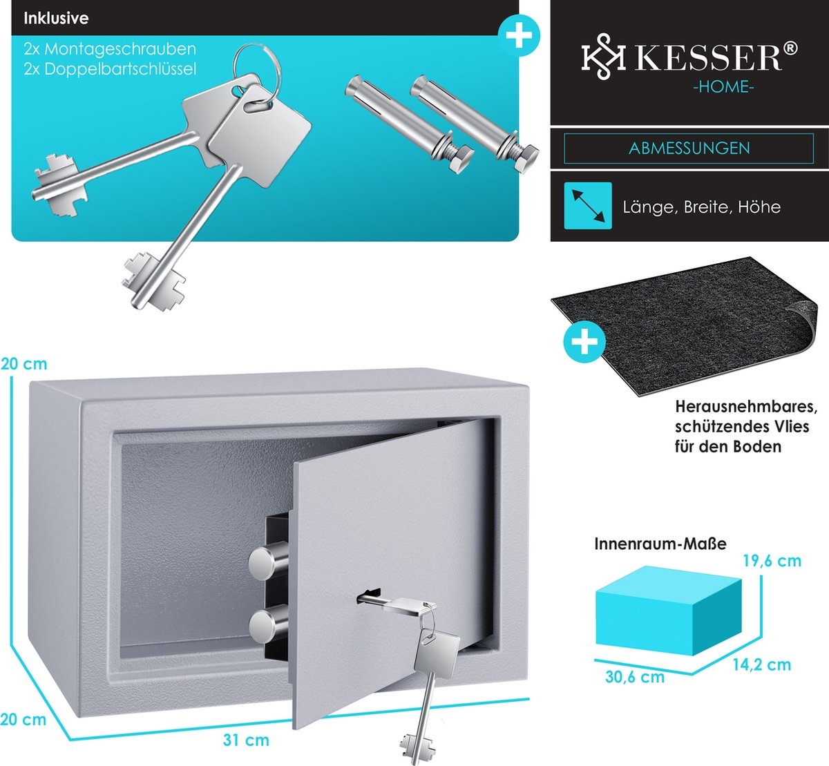 Kluis met sleutelslot - mechanische muurkluis - 30x20x20cm - 2 sleutels en bevestigingsschroeven - grijs - Afbeelding 8