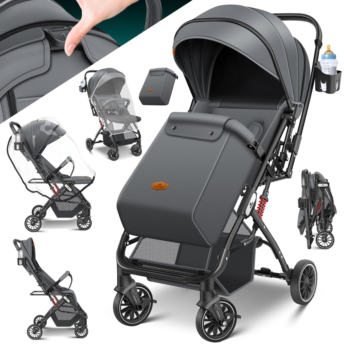 Buggy / kinderwagen - 3 in 1 - inklapbare wandelwagen - met regenhoes en klamboe - zwart