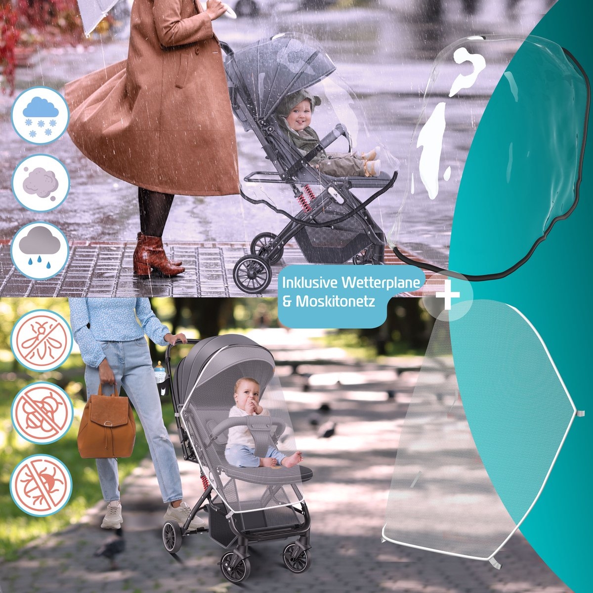 Buggy / kinderwagen - 3 in 1 - inklapbare wandelwagen - met regenhoes en klamboe - zwart - Afbeelding 10