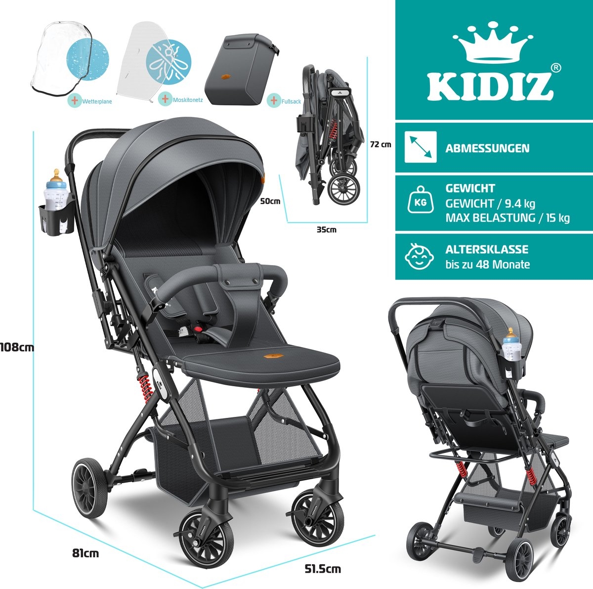 Buggy / kinderwagen - 3 in 1 - inklapbare wandelwagen - met regenhoes en klamboe - zwart - Afbeelding 8
