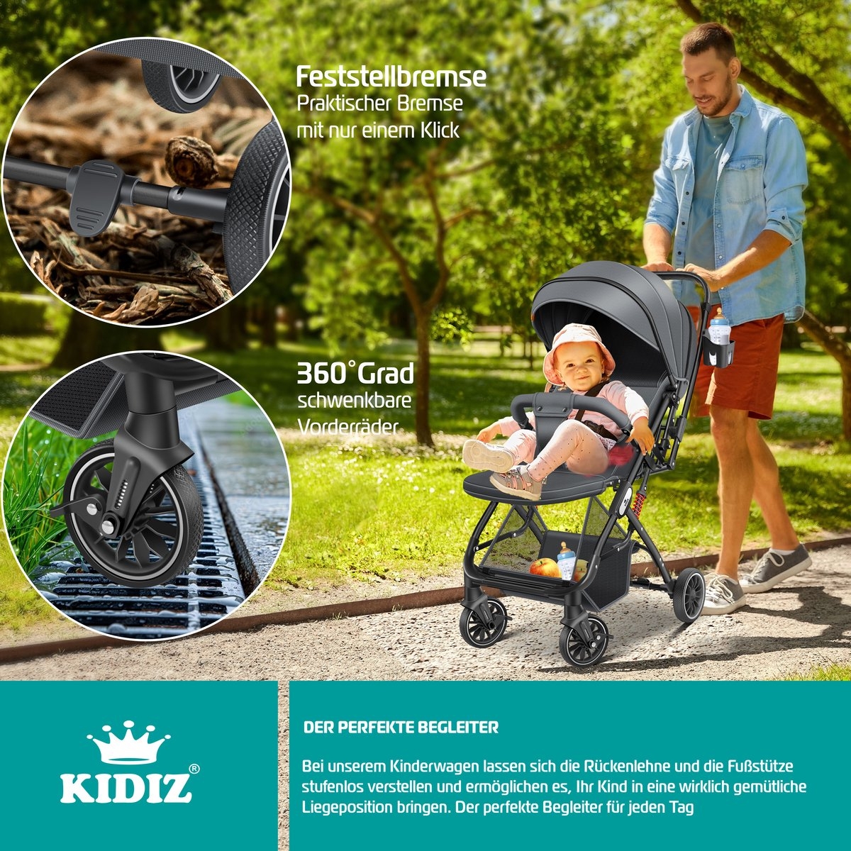 Buggy / kinderwagen - 3 in 1 - inklapbare wandelwagen - met regenhoes en klamboe - zwart - Afbeelding 6