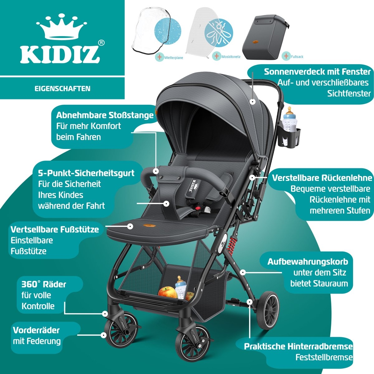 Buggy / kinderwagen - 3 in 1 - inklapbare wandelwagen - met regenhoes en klamboe - zwart - Afbeelding 5