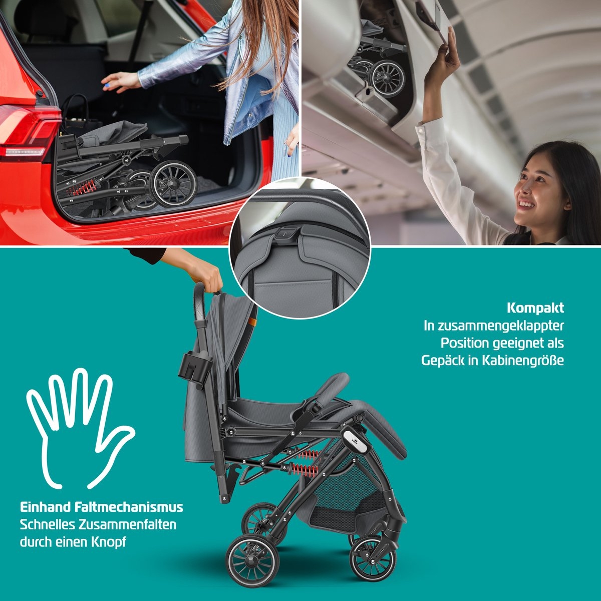 Buggy / kinderwagen - 3 in 1 - inklapbare wandelwagen - met regenhoes en klamboe - zwart - Afbeelding 4