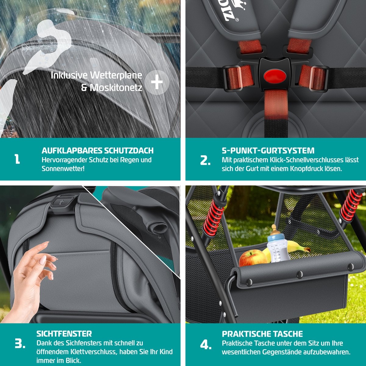 Buggy / kinderwagen - 3 in 1 - inklapbare wandelwagen - met regenhoes en klamboe - zwart - Afbeelding 3