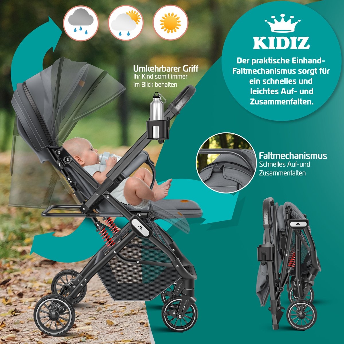 Buggy / kinderwagen - 3 in 1 - inklapbare wandelwagen - met regenhoes en klamboe - zwart - Afbeelding 2