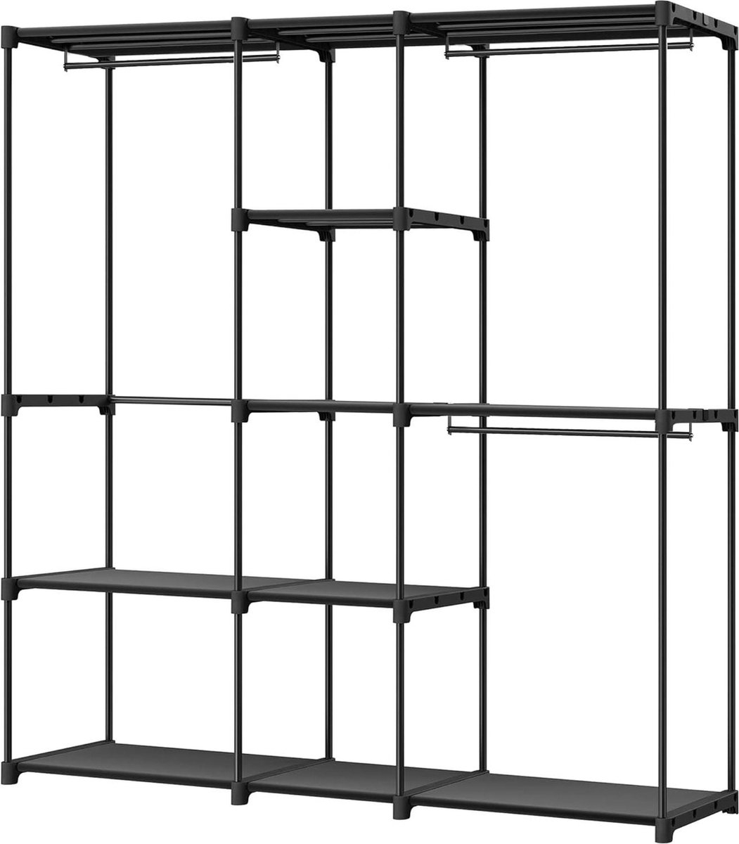 Vrijstaand kledingrek - kapstok met kledingroedes -182 x 43 x 182 cm - stoffen planken - zwart - RYG037B02