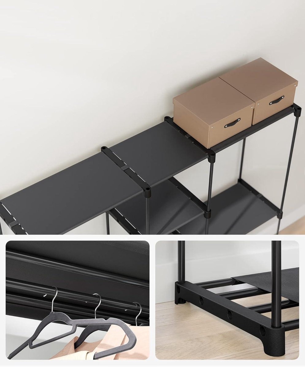 Vrijstaand kledingrek - kapstok met kledingroedes -182 x 43 x 182 cm - stoffen planken - zwart - RYG037B02 - Afbeelding 2