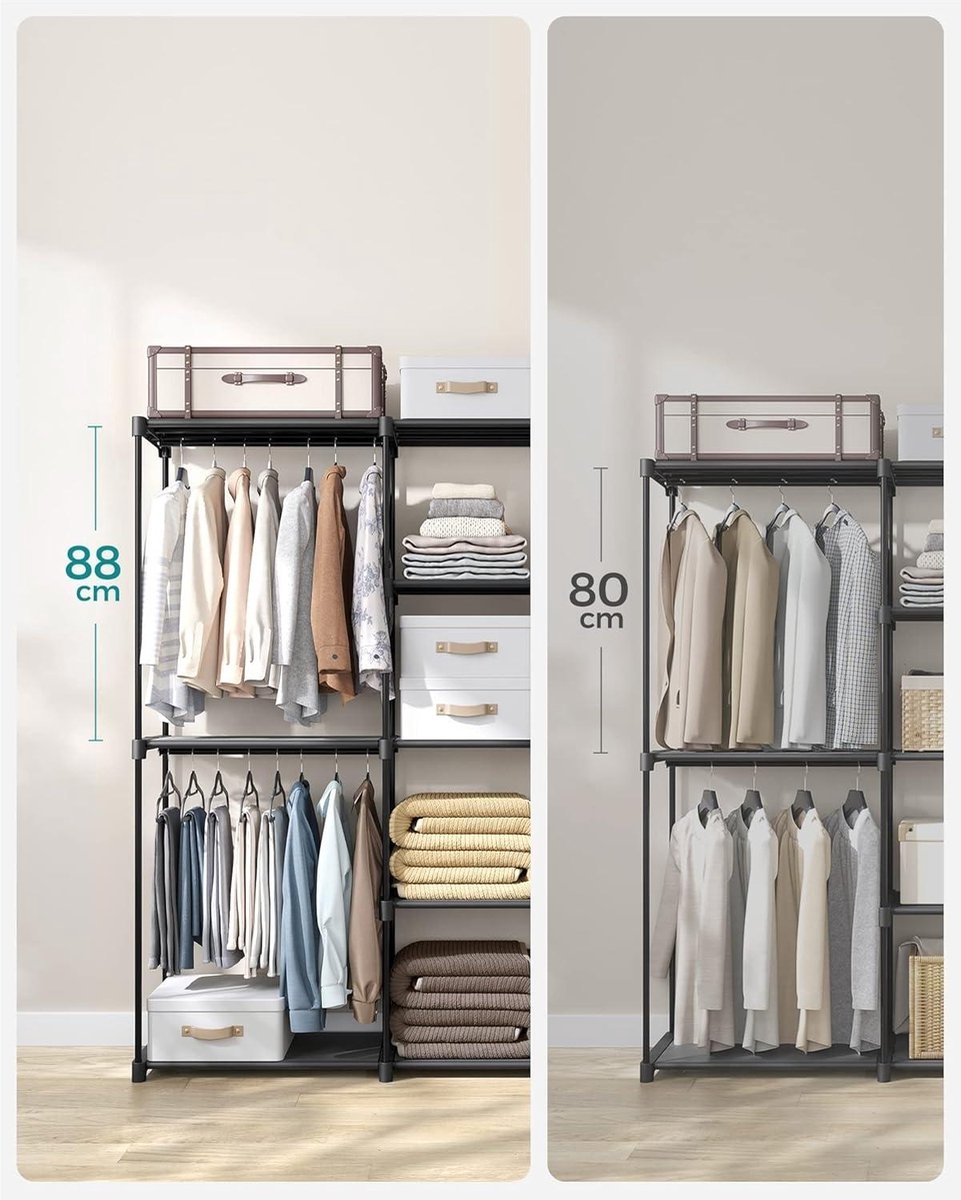 Vrijstaand kledingrek - kapstok met kledingroedes -182 x 43 x 182 cm - stoffen planken - zwart - RYG037B02 - Afbeelding 3