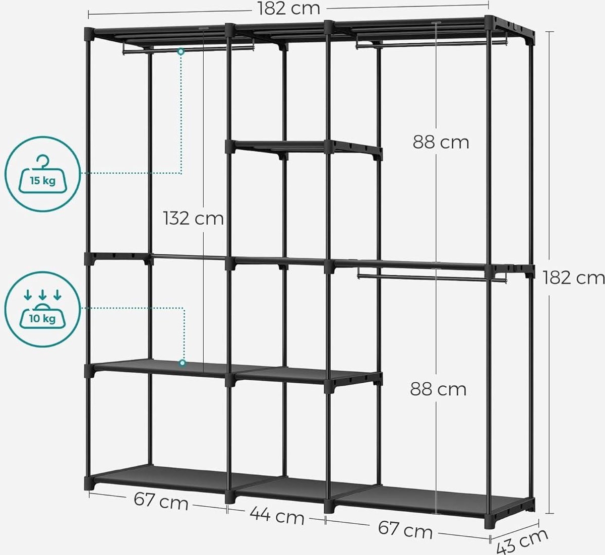 Vrijstaand kledingrek - kapstok met kledingroedes -182 x 43 x 182 cm - stoffen planken - zwart - RYG037B02 - Afbeelding 4