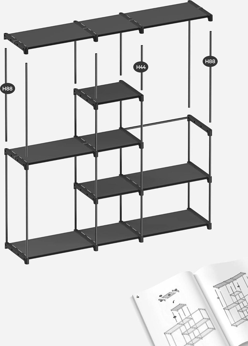 Vrijstaand kledingrek - kapstok met kledingroedes -182 x 43 x 182 cm - stoffen planken - zwart - RYG037B02 - Afbeelding 6