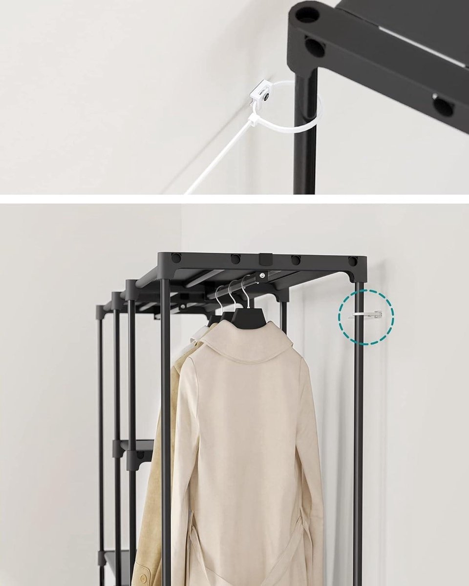 Vrijstaand kledingrek - kapstok met kledingroedes -182 x 43 x 182 cm - stoffen planken - zwart - RYG037B02 - Afbeelding 7