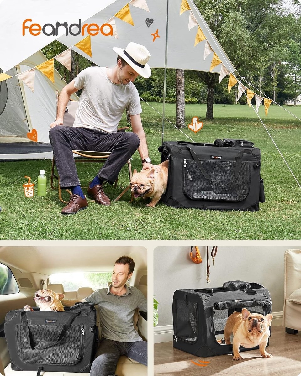Hond - opvouwbare hondenbench - 60 x 42 x 42 cm - hondentransportbox M - Oxford-stof - gaas - draagbaar - zwart - PDC60H - Afbeelding 3