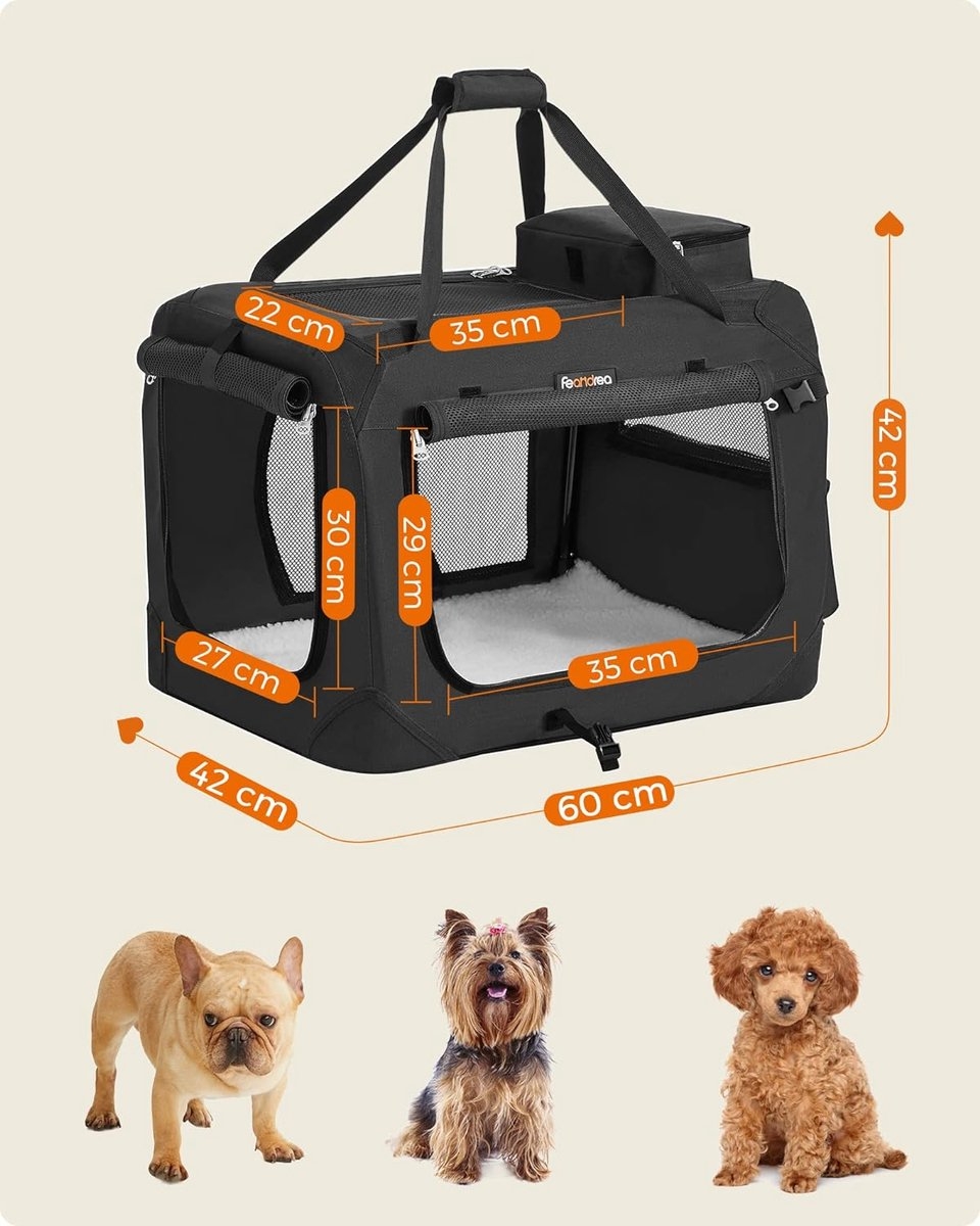 Hond - opvouwbare hondenbench - 60 x 42 x 42 cm - hondentransportbox M - Oxford-stof - gaas - draagbaar - zwart - PDC60H - Afbeelding 4