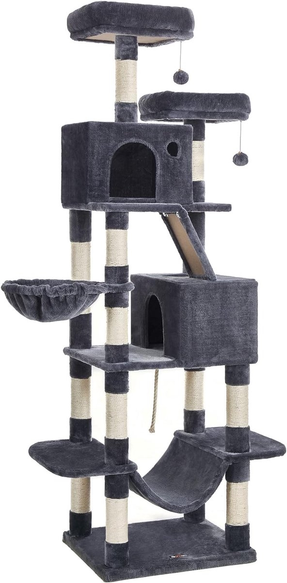 Feandrea - Krabpaal XXL 206 cm - kattenboom - met huisjes, hangmat, ligplanken en meer - grijs - PCT190G01