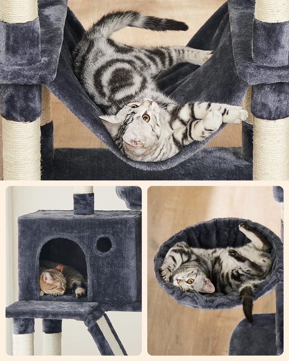 Feandrea - Krabpaal XXL 206 cm - kattenboom - met huisjes, hangmat, ligplanken en meer - grijs - PCT190G01 - Afbeelding 2