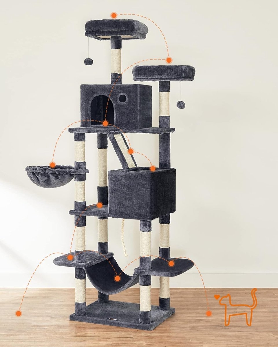 Feandrea - Krabpaal XXL 206 cm - kattenboom - met huisjes, hangmat, ligplanken en meer - grijs - PCT190G01 - Afbeelding 4