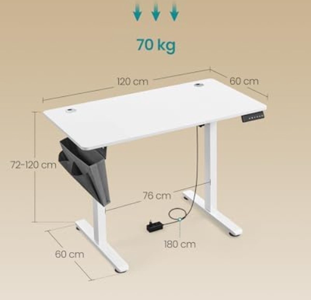 Zit sta bureau 120x60 cm - hoogte verstelbaar 72 t/m 120 cm - elektrisch - wit - LSD132W01 - Afbeelding 2