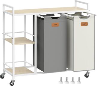 Waswagen met wasmand 2 vakken - 100 l - wassorteerder - 87 x 33 x 80,5 cm - met wielen - wit - BLH311G01