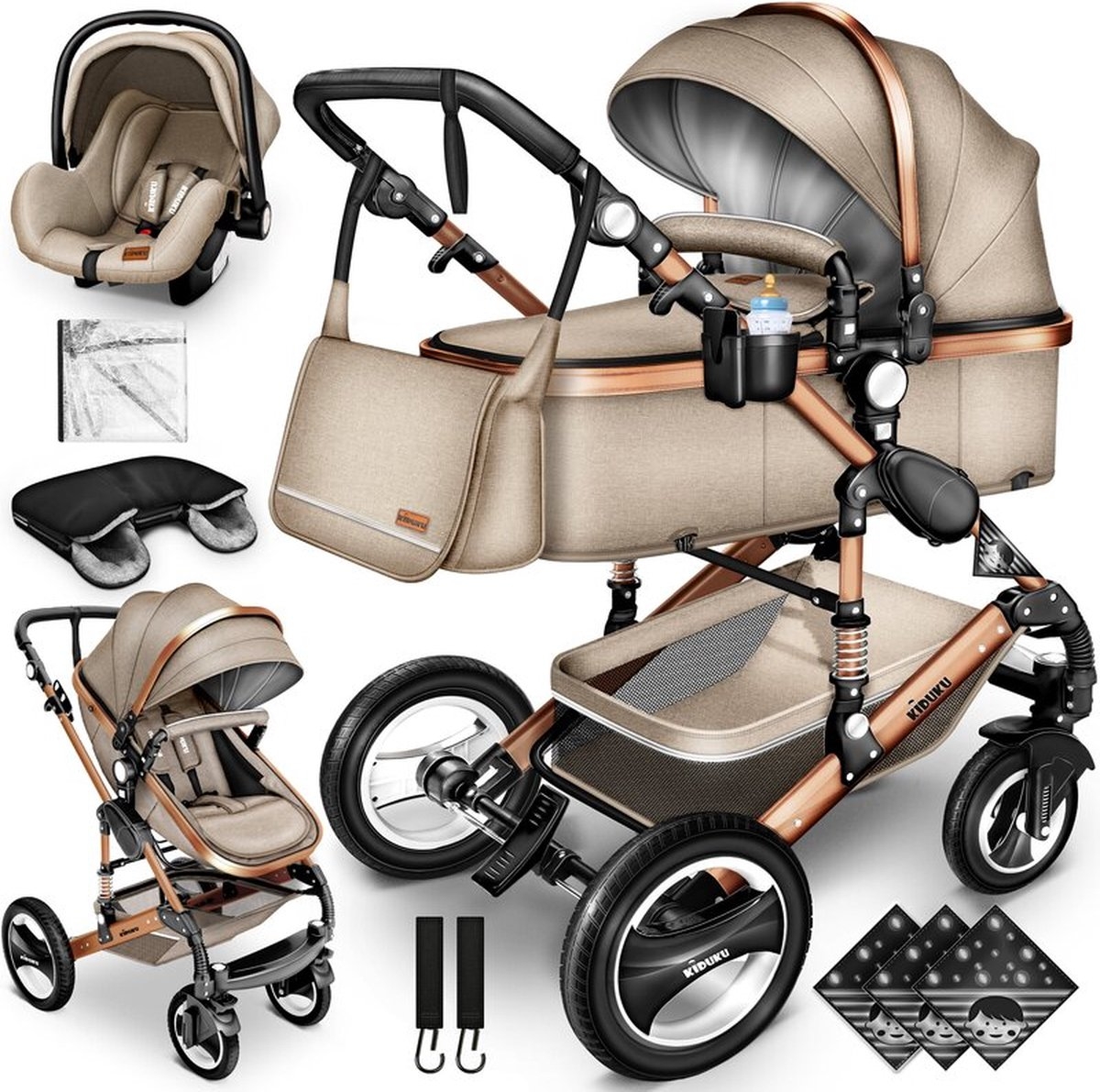 Kiduku - 3 in 1 combi-kinderwagen / buggy met autostoeltje - inclusief regenhoes - inklapbaar - beige goud