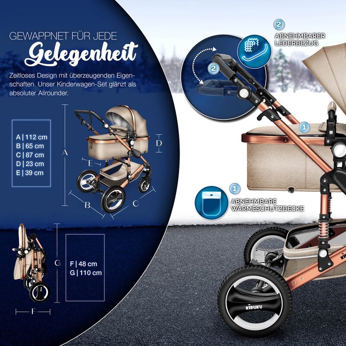 Kiduku - 3 in 1 combi-kinderwagen / buggy met autostoeltje - inclusief regenhoes - inklapbaar - beige goud - Afbeelding 3