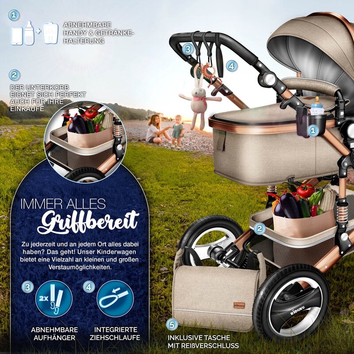 Kiduku - 3 in 1 combi-kinderwagen / buggy met autostoeltje - inclusief regenhoes - inklapbaar - beige goud - Afbeelding 4