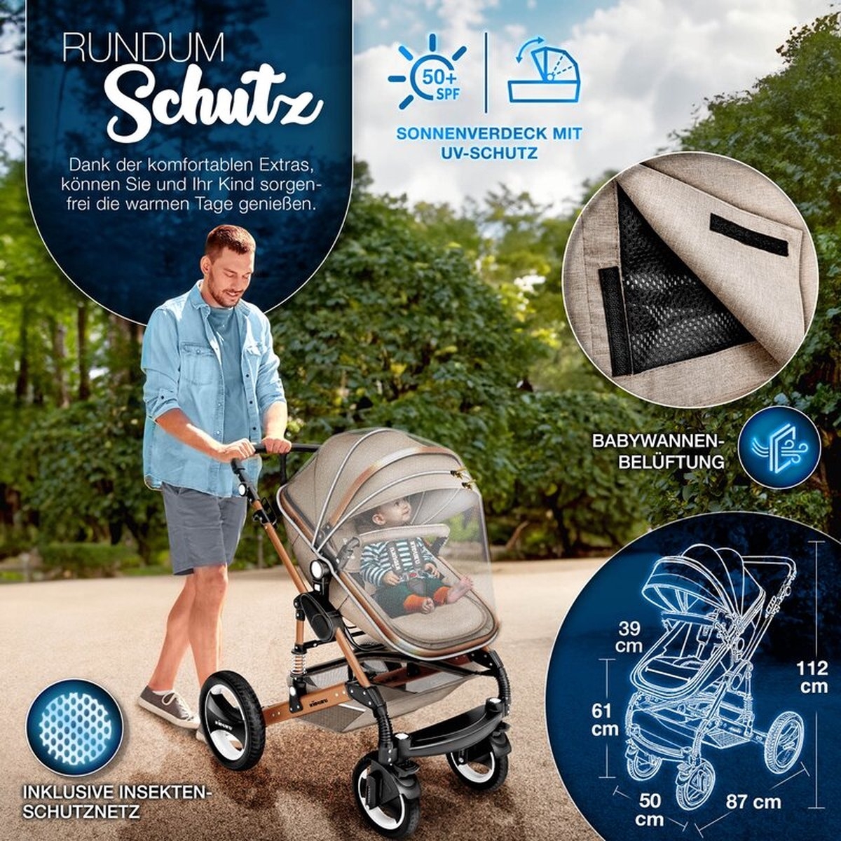 Kiduku - 3 in 1 combi-kinderwagen / buggy met autostoeltje - inclusief regenhoes - inklapbaar - beige goud - Afbeelding 5