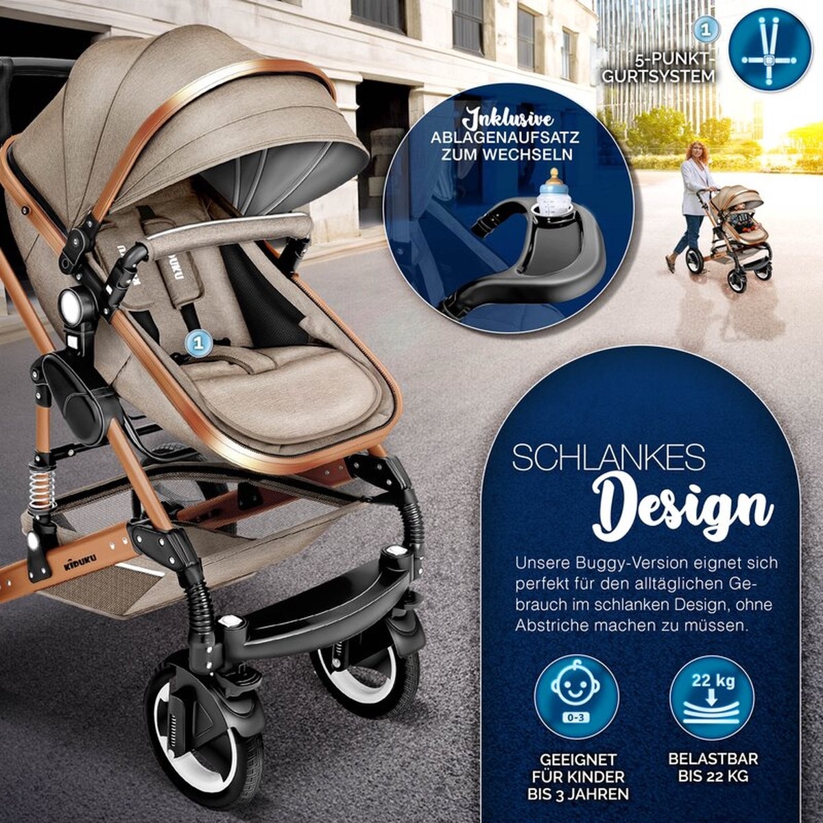 Kiduku - 3 in 1 combi-kinderwagen / buggy met autostoeltje - inclusief regenhoes - inklapbaar - beige goud - Afbeelding 7