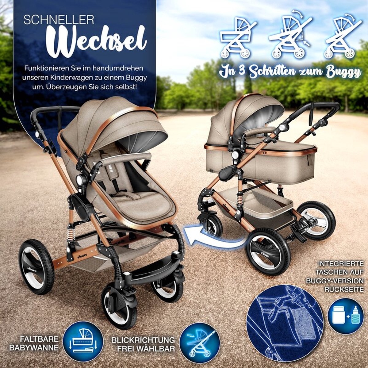 Kiduku - 3 in 1 combi-kinderwagen / buggy met autostoeltje - inclusief regenhoes - inklapbaar - beige goud - Afbeelding 8