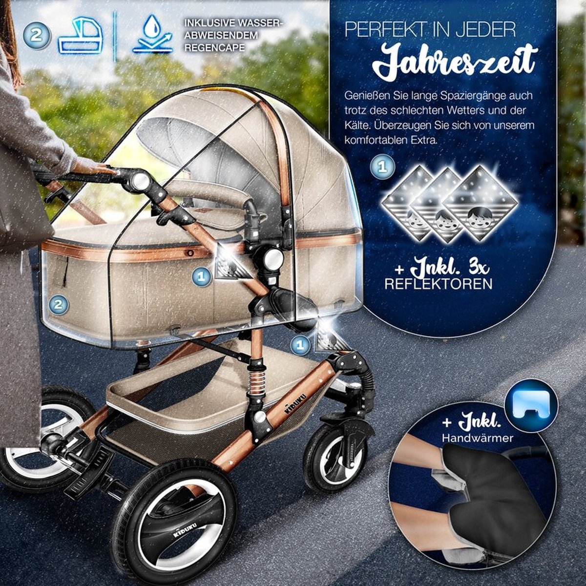 Kiduku - 3 in 1 combi-kinderwagen / buggy met autostoeltje - inclusief regenhoes - inklapbaar - beige goud - Afbeelding 9