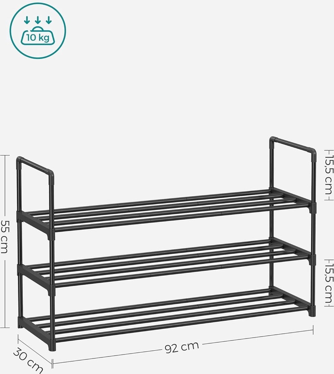 3-plank schoenenrek - 92 x 30 x 55 cm - metalen schoenopbergorganisator -12 tot 15 paar schoenen - zwart - LSA303B02 - Afbeelding 4