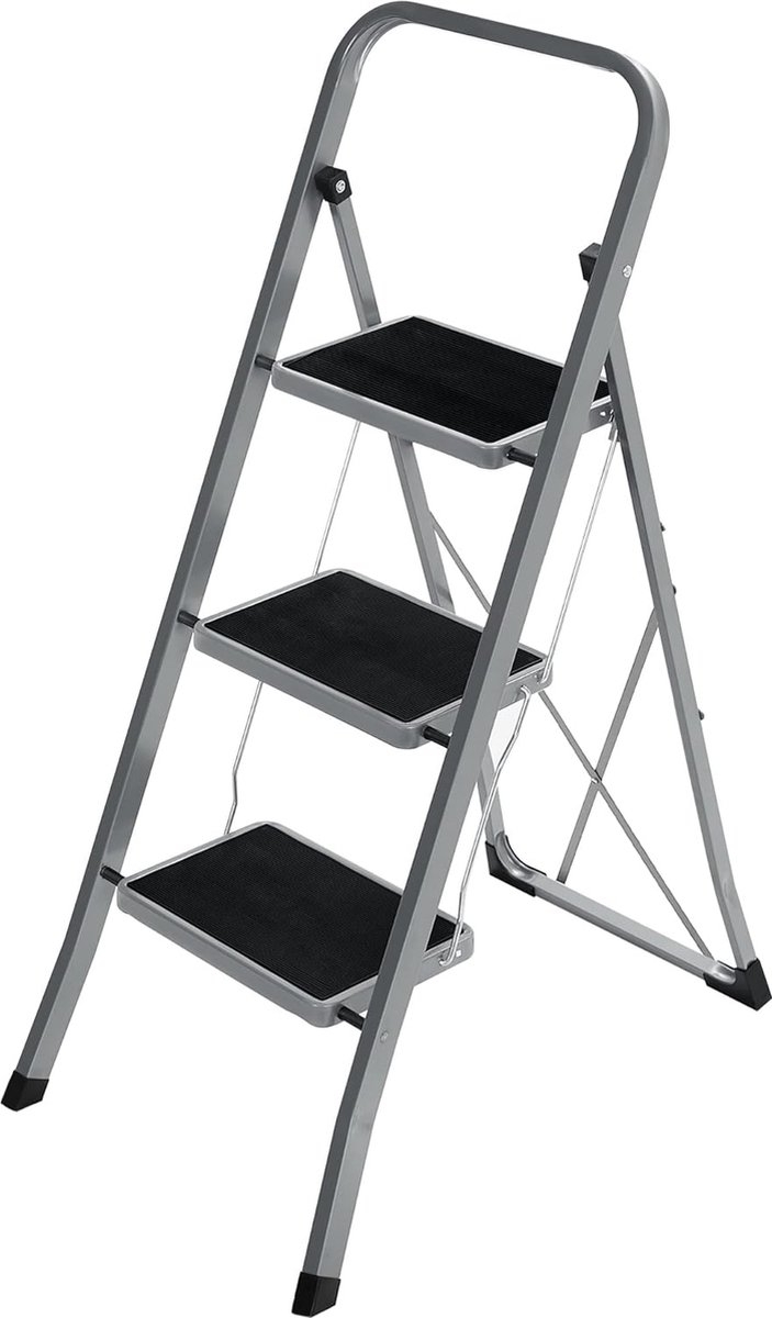 Trapladder - ladder met 3 treden - opvouwbaar - gemakkelijk op te bergen - max 150 kg - grijs - GSL003GY01
