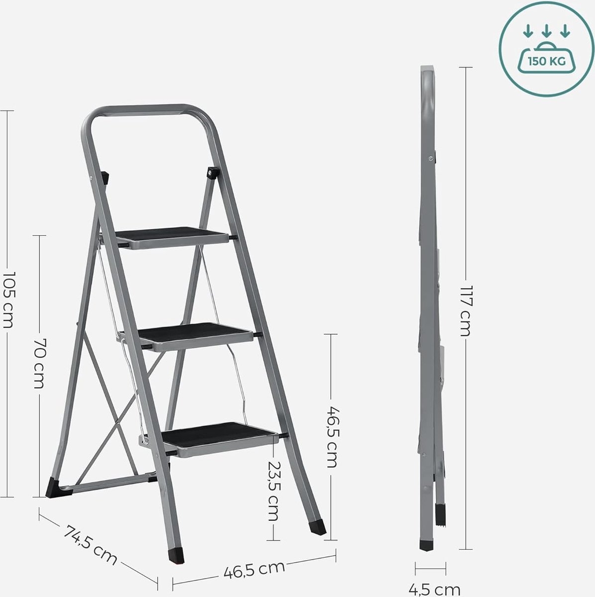 Trapladder - ladder met 3 treden - opvouwbaar - gemakkelijk op te bergen - max 150 kg - grijs - GSL003GY01 - Afbeelding 3
