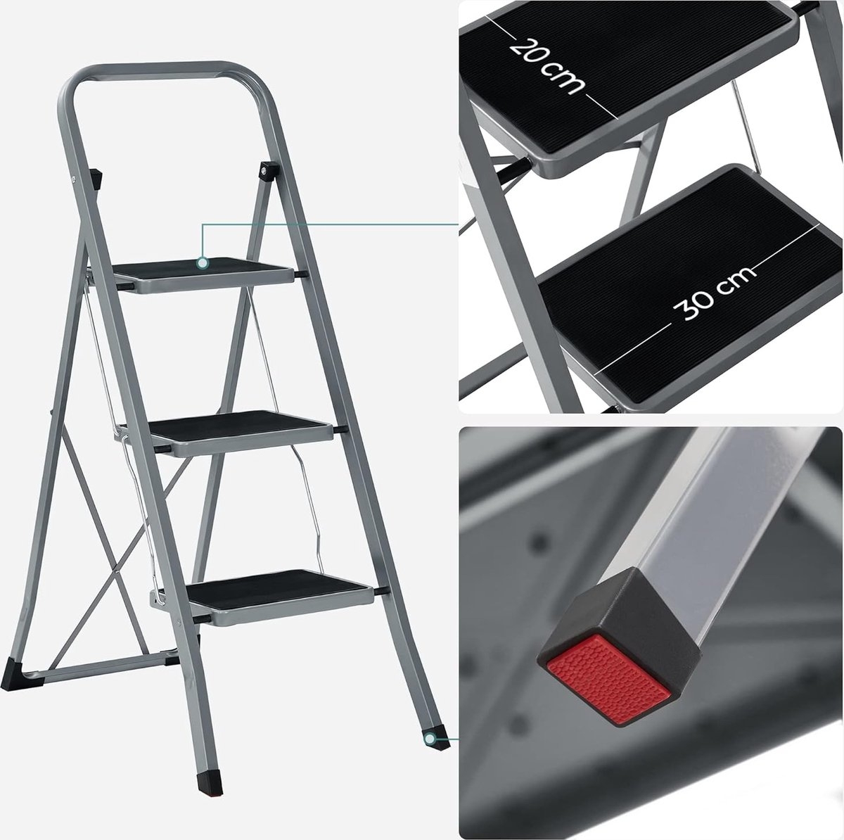 Trapladder - ladder met 3 treden - opvouwbaar - gemakkelijk op te bergen - max 150 kg - grijs - GSL003GY01 - Afbeelding 7