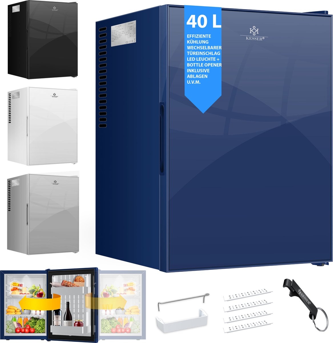 Mini koelkast - tafelmodel 40L - hoogte 57 cm - vrijstaand, stil en afsluitbaar - LED-verlichting incl. 4 legplanken - zwart - Afbeelding 3