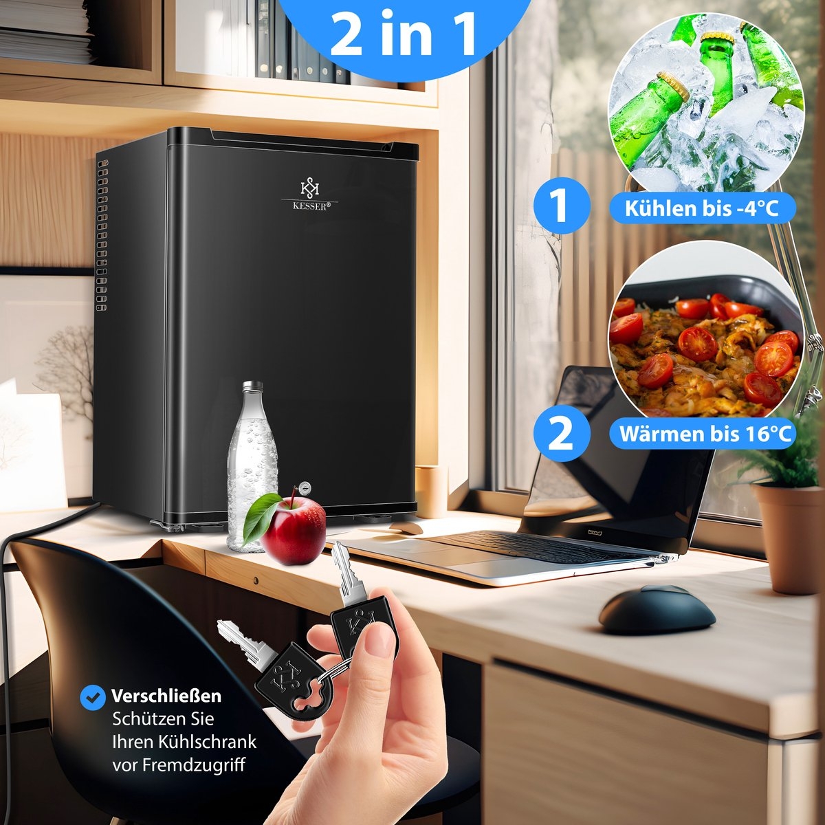 Mini koelkast - tafelmodel 40L - hoogte 57 cm - vrijstaand, stil en afsluitbaar - LED-verlichting incl. 4 legplanken - zwart - Afbeelding 4