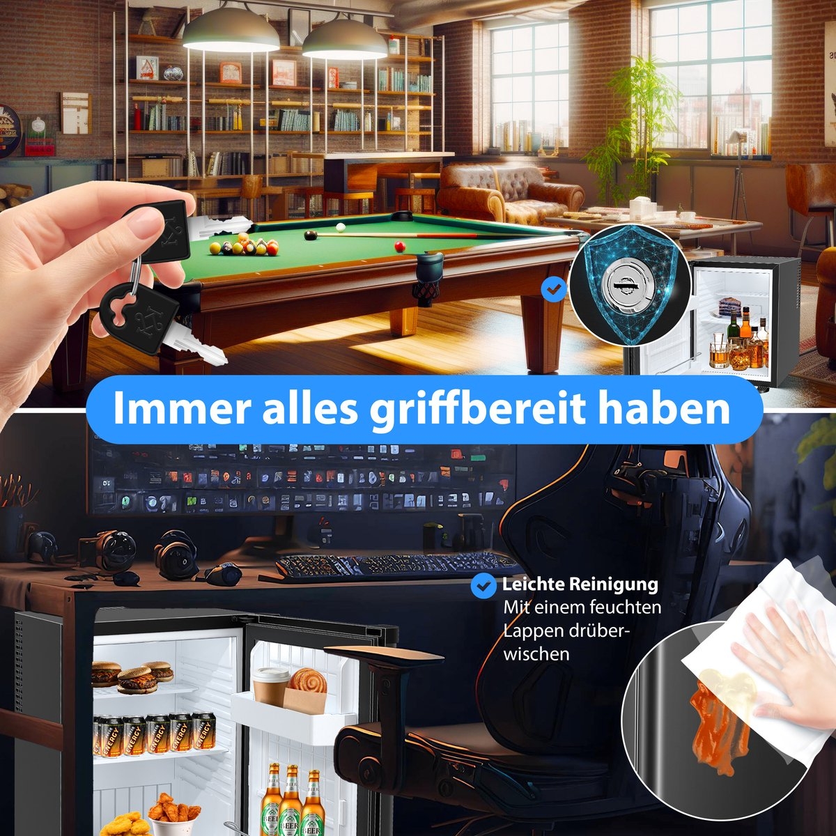 Mini koelkast - tafelmodel 40L - hoogte 57 cm - vrijstaand, stil en afsluitbaar - LED-verlichting incl. 4 legplanken - zwart - Afbeelding 6