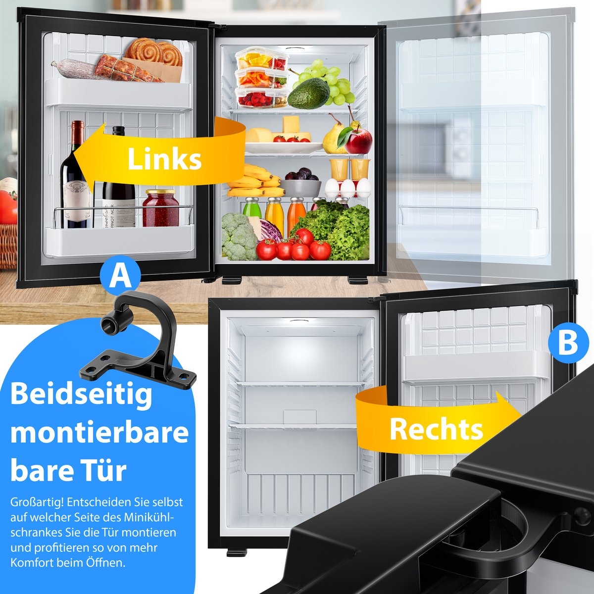 Mini koelkast - tafelmodel 40L - hoogte 57 cm - vrijstaand, stil en afsluitbaar - LED-verlichting incl. 4 legplanken - zwart - Afbeelding 8