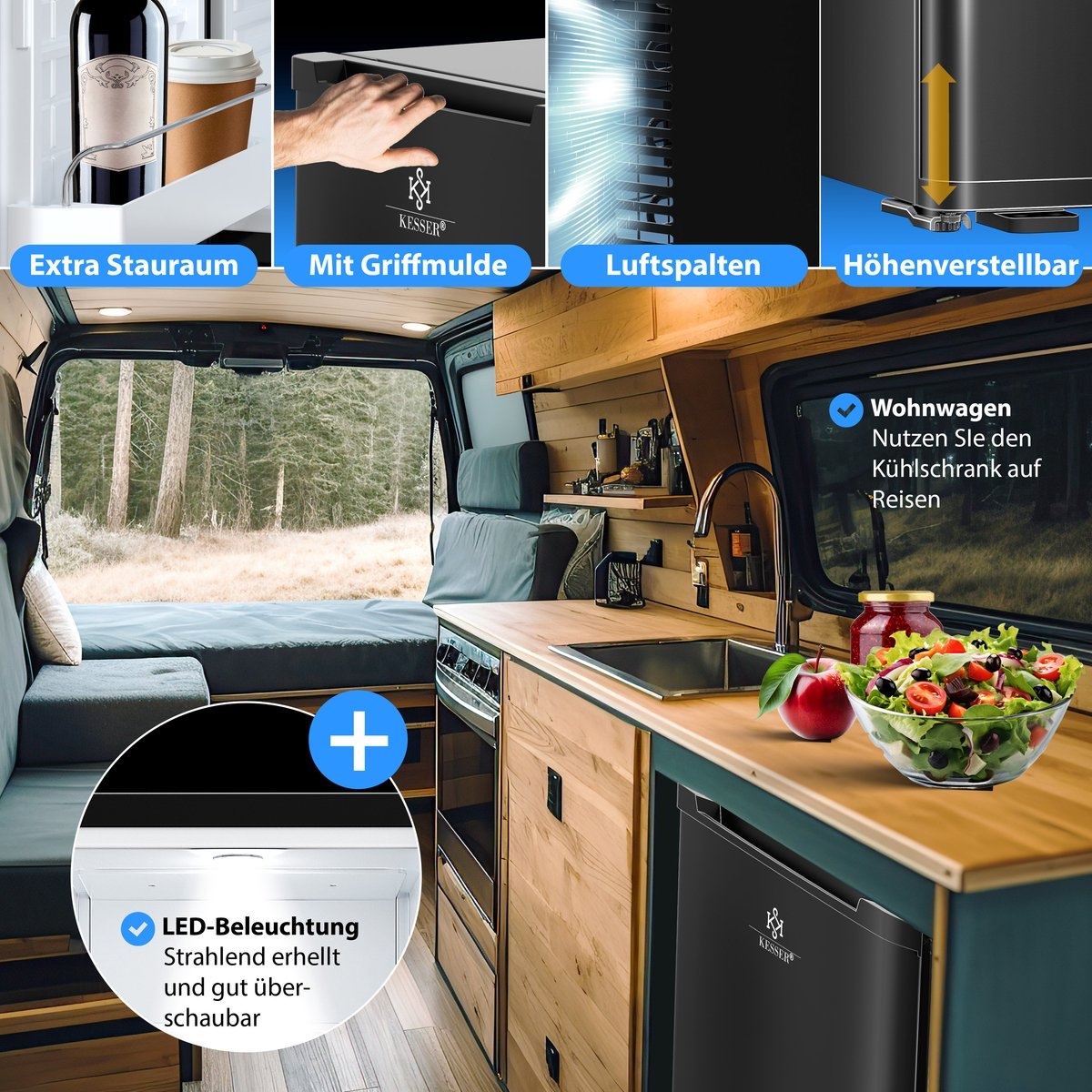 Mini koelkast - tafelmodel 40L - hoogte 57 cm - vrijstaand, stil en afsluitbaar - LED-verlichting incl. 4 legplanken - zwart - Afbeelding 9